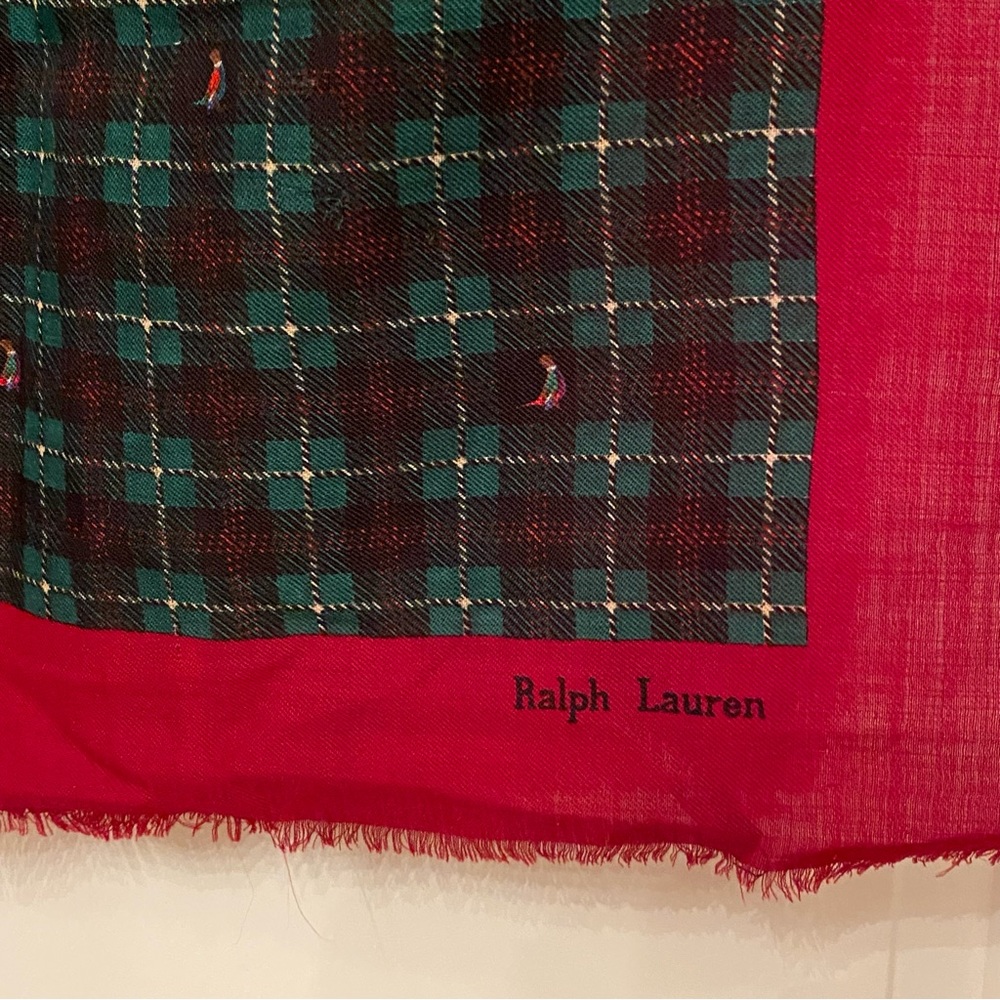 RALPH LAUREN SCARF RED GREEN BLACK PLAID PHEASANTS LARGE WOOL SQUARE PREPPY
